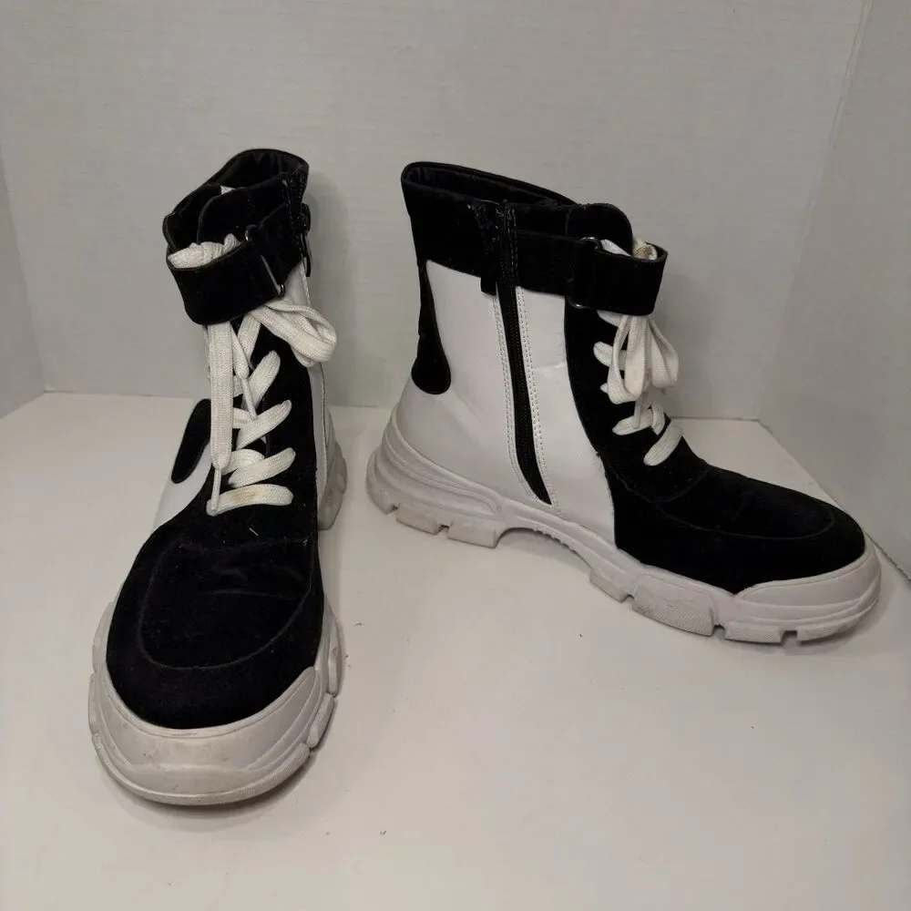 Y2K Style Chunky Platform Combat Boots Black White Edgy Grunge Goth High Top 8